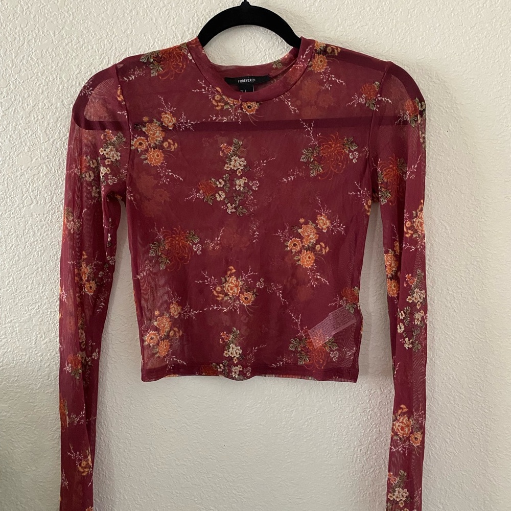 Forever 21 Wine Floral Sheer Long-Sleeve Top